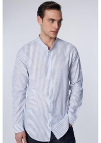 Resim Tudors Slim Fit Uzun Kollu Dar Kalıp Hakim Yaka Çizgili Yazlık Keten Doku Erkek Gömlek-30953-çok Renkli Çok Renkli 