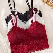 Resim 3 adet Kadın Dantel Bralette Seti - Seksi Kablosuz, Çıkarılabilir Pedler, Siyah/Beyaz/Kırmızı, Düz Renk, Yetişkin Bedenler 