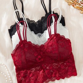 Resim 3 adet Kadın Dantel Bralette Seti - Seksi Kablosuz, Çıkarılabilir Pedler, Siyah/Beyaz/Kırmızı, Düz Renk, Yetişkin Bedenler 