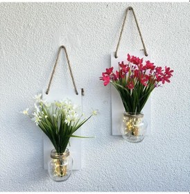 Resim Led Işıklı, Fuşya Ve Beyaz Nergis Çiçekli Duvar Dekoru Beyaz İkili Set Beyaz 