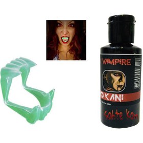 Resim Fosforlu Çift Damak Takma Vampir Dişi ve 50 gr Tiyatro Kanı Set 