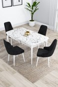 Resim Canisa Kar Serisi Beyaz Mermer Desen Açılabilir Mdf 80x132 Mutfak Masa Takımı 4 Siyah Sandalye 
