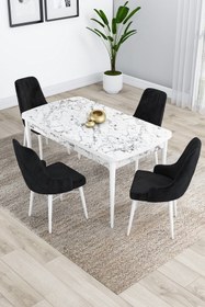 Resim Canisa Kar Serisi Beyaz Mermer Desen Açılabilir Mdf 80x132 Mutfak Masa Takımı 4 Siyah Sandalye 