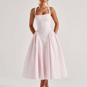 Resim Şık Pembe ve Beyaz Gingham Kare Yaka Askılı Elbise - Kolsuz, Polyester, Yetişkin Kadınlar İçin Mükemmel, Tüm Mevsim Giyim, Seksi ve Şık Tarz, Şık Kıyafet|Kare Yaka|Polyester Kumaş 
