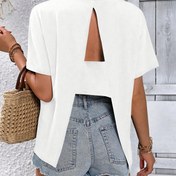Resim Kadınlar için Rahat A-Line Kesik Dantel Up Kollu Kısa Kollu T-Shirt - Düz Renk, Hafif Polyester, Yaz Kıyafetleri İçin Mükemmel, Yaz Rahat Giyim | Rahat Stil Üst | Dacron Karışımı Kumaş 