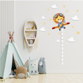 Resim Sevimli Pilot Aslan Bulutlar ve Yıldızlar Çocuk Odası Boy ve Gelişim Ölçer Sticker - 100x70 cm / Renkli / Boy Ölçer 