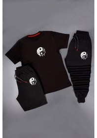 Resim 3'lü Yin & Yang Baskılı Eşofman Takımı Kombin Siyah 