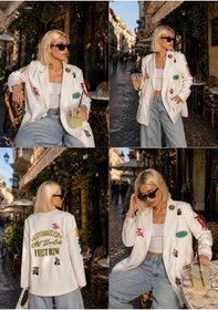 Resim Patch Detaylı Oversize Blazer Ceket Beyaz Çift Düğmeli Street Style - Beyaz - L - St01125-beyaz-l 