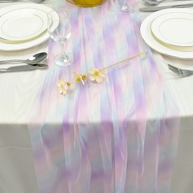 Resim 1 Adet Pastel Mor'dan Pembe'ye Geçişli Şeffaf File Masa Koşucusu - Ev Yemekleri, Doğum Günü Partileri, Düğünler ve Günlük Kullanım için Polyester Dekoratif Masa Örtüsü, Düğün Masası Dekoru | Zarif Masa Aksesuarı | Nazik Masa Örtüsü, Masa Süslemeleri 
