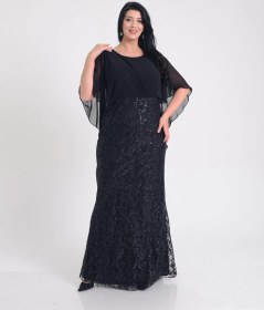 Resim Büyük Beden Griter Baskı Detaylı Siyah Renkli Abiye Elbise Siyah 