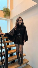 Resim Önden Düğmeli Kürk Yaka Panço Siyah 