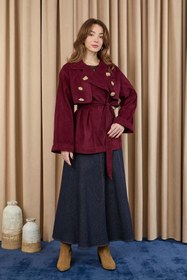 Resim Soul Kadın Broş Detaylı Kısa Trench - 32405 - BURGUNDY 