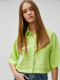 Resim Crop Gömlek Cep Detaylı Keten Viskon Karışımlı 