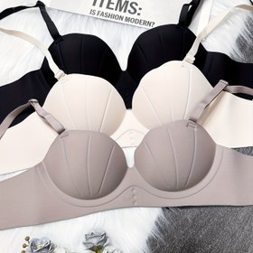 Resim Kadınlar için 3 adet Zarif Kabuk Sütyen Seti - Yumuşak Bej ve Siyah Push-Up Stil, Çıkarılabilir Pedler, Orta Destek, Kablosuz, Yetişkinler için Mükemmel, Yetişkin Moda Sütyen Seti|Zarif Sütyen Dizaynı|Kablosuz Sütyen 