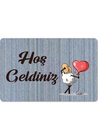 Resim Dijital Baskılı Kapı Önü Paspas Hoşgeldiniz Yazılı Çiçek Desen Ve Kedi Iç Ve Dış Kapı Yıkanabilir Mavi 