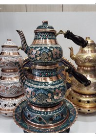 Resim İşlemeli Bakır Çaydanlık- Osmanlı Ocaklı Bakır Demlik Takımı Yeşil 