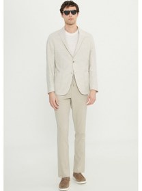 Resim AC&Co / Altınyıldız Classics Erkek Bej Keten Slim Fit Dar Kesim Kırlangıç Yaka Torba Cepli Çizgili Blazer Ceket Bej 