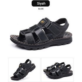 Resim Erkek Deri Sandalet, Yazlık, Nefes Alır, Rahat, Kaymaz Taban Siyah 
