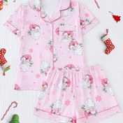 Resim Kadınların Sevimli Noel Baba Desenli Pijama Takımı, Kısa Kollu Düğmeli Ceket & Şort, Rahat ve Gevşek Kesimli Noel için 