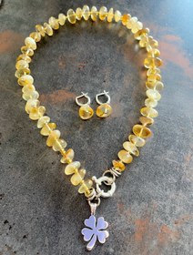 Resim Doğaltaş Gümüş Sitrin Yonca Küpe Kolye Set 