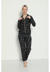 Resim Pijamoni Kadın Süet Boydan Düğmeli Pijama Takımı - 5660-16 