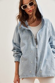 Resim Olalook Kadın Mavi Fermuarlı Cepli Kapüşonlu Nakış Detaylı Denim Ceket CKT-19000380 