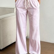 Resim Kadın Pembe Bağcıklı Bel Düz Bacak Pantolon, Bahar/Yaz/Sonbahar için Rahat Çizgili Konforlu Pantolon, Hafif Polyester, Rahat Kesim, Cebi Olan Elastik Bel 