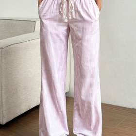 Resim Kadın Pembe Bağcıklı Bel Düz Bacak Pantolon, Bahar/Yaz/Sonbahar için Rahat Çizgili Konforlu Pantolon, Hafif Polyester, Rahat Kesim, Cebi Olan Elastik Bel 