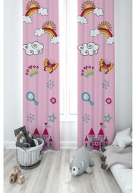 Resim Mekta Home Bebek Ve Çocuk Odası Gökkuşağı Ve Bulut Desenli Pembe 2 Kanat Fon Perde 