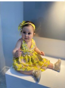 Resim MODAVALS LİMON SARI KARDEŞ KOMBİN ÇİÇEKLİ KIZ ÇOCUK ELBİSE & BANDANA KOMBİN Sarı 