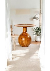 Resim Wood Tekli Mantar Ahşap Orta Sehpa Tik Ağacı Renk Fiskos Çiçeklik Decorative Tik Ağacı 