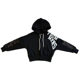 Resim Kız Çocuk Simli Yazılı Kolları Pul Detaylı Crop Sweatshirt-15040 Siyah 