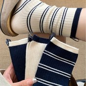 Resim Kadınlarını Çizgili Orta Diz Çorapları, 4 Çift, Polyester %95, Spandex %5, Örgü Kumaş, El Yıkamalı, Yüksek Topuk Sekmesi Tasarımlı - Sonbahar Kış Versatil Kalın Çoraplar 