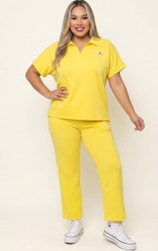 Resim Kadın Büyük Beden Kısa Kollu Polo Yaka Taş Detaylı Eşofman Takımı 8275-26 - Sarı / XL 