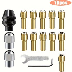 Resim 16 adet Premium Döner Alet Mandren Seti - Hızlı Değiştirme Matkap Adaptörü Kiti ile 0.8-3mm Şaft, Anahtarsız Pirinç Mandrenler ve Metal Somunlar 