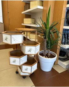 Resim Ahşap Altıgen Sebzelik 5 Katlı Yana Açılır Patates Soğan Tekerlekli Sebzelik Zeytin Beyaz 