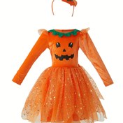 Resim Üst kısımda balkabağı desenli, eteklerinde altın yıldızlar ve kabarık kollu kadife elbise - Korkunç ve eğlenceli Halloween kostümü 