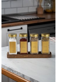 Resim Mienda Home 4'lü Ahşap Standlı Cam Baharatlık Seti Gold Kapaklı Etiketli Baharatlık Takımı Mh01gld04 Gold - Şeffaf 