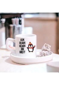Resim Aşık Olmak Uçmak Gibi Bir Şey Tasarımlı Türk Kahve Fincanı Hediyelik Tekli Fincan Beyaz 