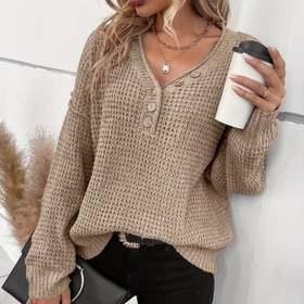 Resim Kadınların Rahat Bej V-Yaka Kazakları Düğme Önü ve Düşük Omuz Kolları ile - Sonbahar / Kış Uzun Kollu Hırka, Bol Kesim, Orta Esneklik, Rahat Tarz, Kış Hırka | V-yaka Kazak | İnşaat, Kazak Yelek 