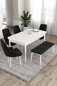 Resim Canisa Concept Ram Serisi 80x132 Açılabilir Mutfak Masası Takımı Beyaz Masa 4 Siyah Sandalye 1 Bench 