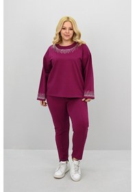 Resim Koza Butik Kadın Büyük Beden Taş Baskı Detaylı Yüksek Bel Eşofman Takımı 8175-25 Siyah 