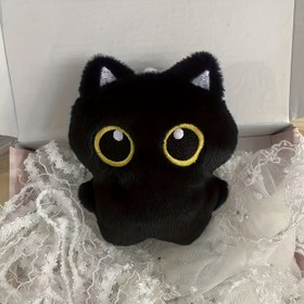 Resim Büyük Gözlerle Siyah Peluş Kedi Oyuncak, Yumuşak Dolgulu Hayvan Baskılı Evcil Hayvan Oyuncağı, Tüm Irklar İçin Uygun, Pil Gerektirmez 