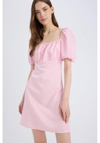 Resim Defacto Kare Yaka Keten Karışımlı Kısa Kollu Mini Elbise D8272ax25smpn663 Pembe-pn663 