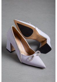 Resim Dilimler Ayakkabı Saten Taşlı Kalın Topuk Gri Kadın Stiletto-2032-GRİ 