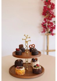 Resim 2 Katlı 21/30 Cm Gold Çiçekli Ahşap Kek Sunum Standı 