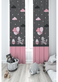 Resim Mekta Home Bebek Ve Çocuk Odası Pembe Bisiklet Balon Ve Fil Desenli 2 Kanat Fon Perde 