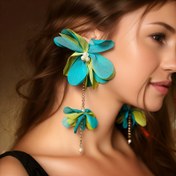 Resim Bohemian Style Handmade Fabric Vacation Küpeleri, Mavi Yeşil Damlalı Küpeler, Kadınlar İçin Tatil Festivali Casual Kulak Takıları 