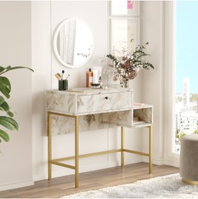 Resim L'occi Concept Arnis 90 Cm Gold Metal Makyaj Masası Aynalı Kapaklı Mermer Desen As31-ge 