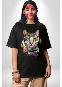 Resim Red Cloud Kedi Hintli Pamuklu Bisiklet Yaka Unisex Oversize Boyfriend Dijital Baskılı Siyah T-shirt Siyah 